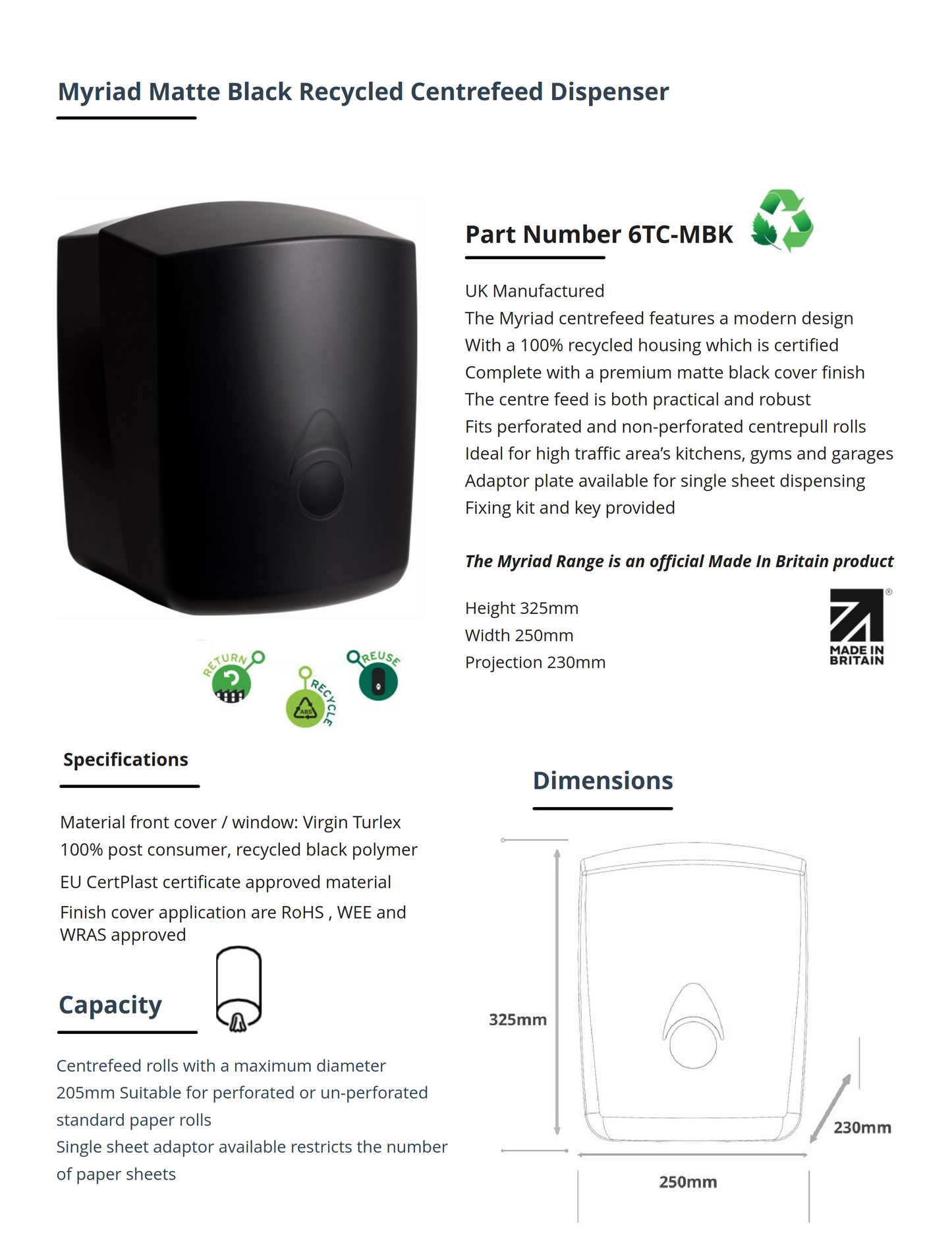 Myriad Matte Black Recycled Centrefeed Dispenser