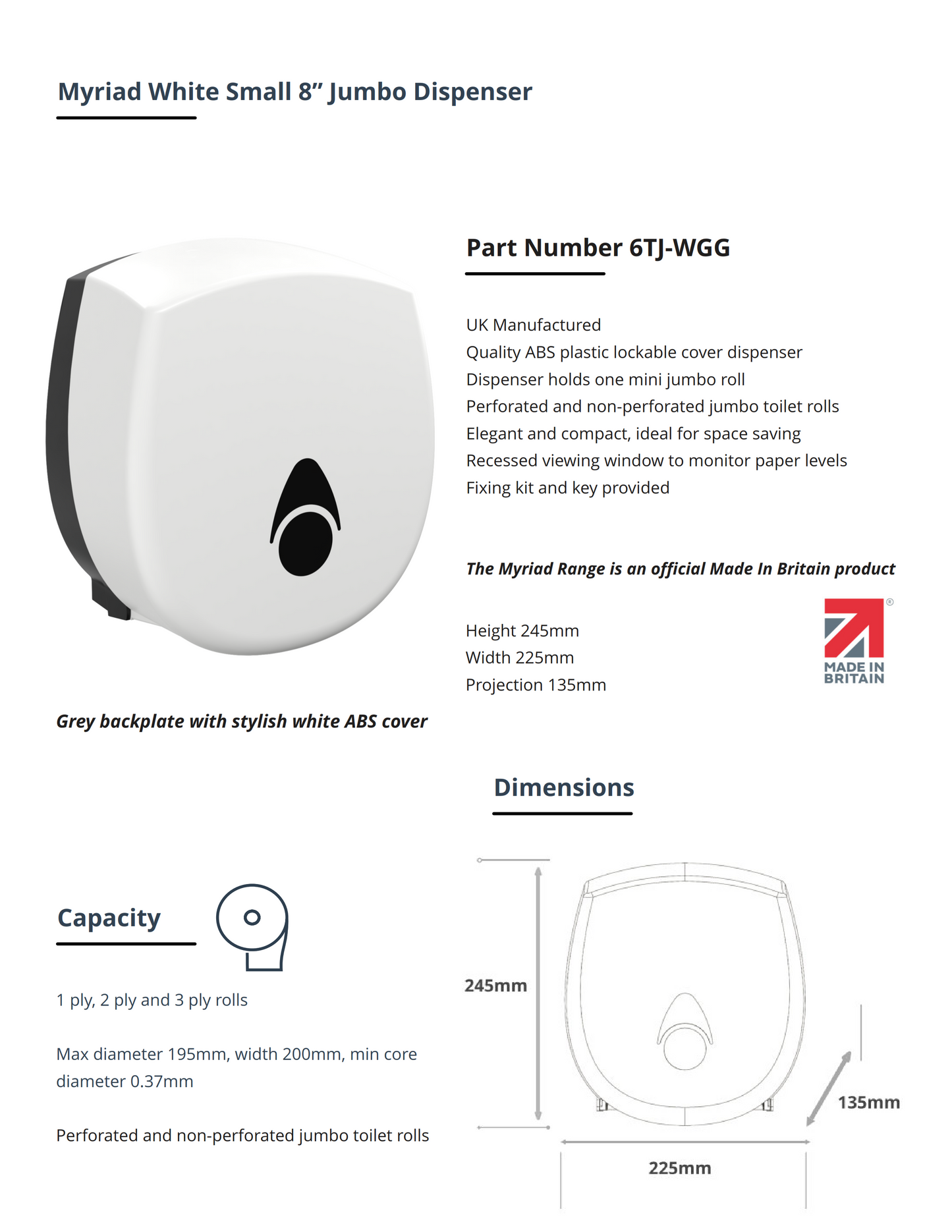 Myriad White Small 8” Jumbo Dispenser