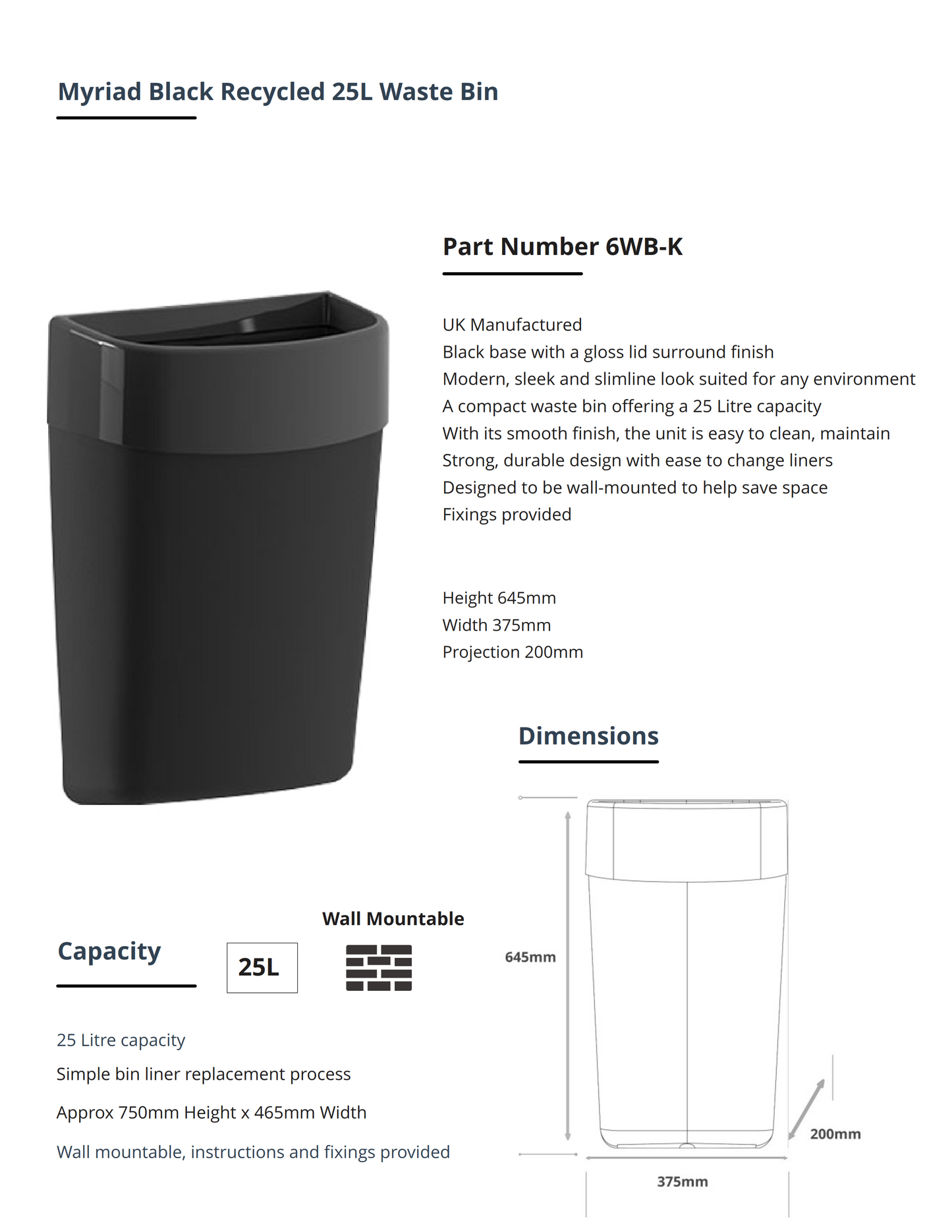 Myriad Waste Bin 25L Black