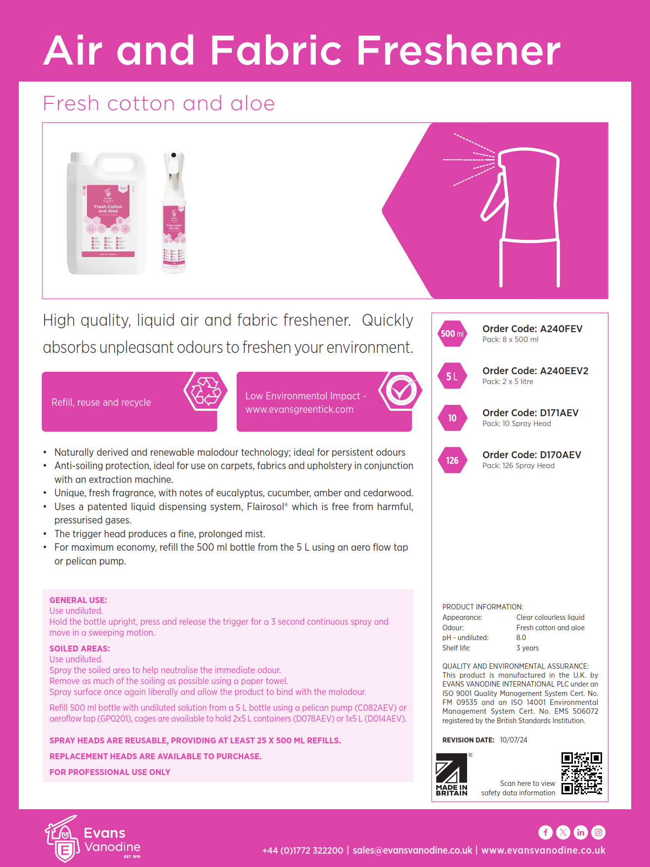 Air and Fabric Freshener - Fresh Cotton and Aloe - 5 ltr
