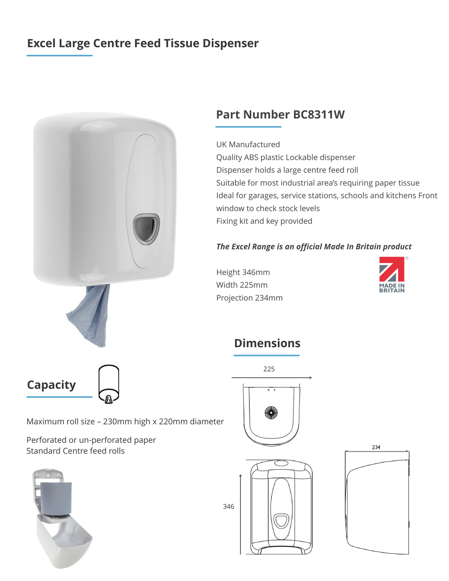 Excel Large Centre Feed Tissue Dispenser