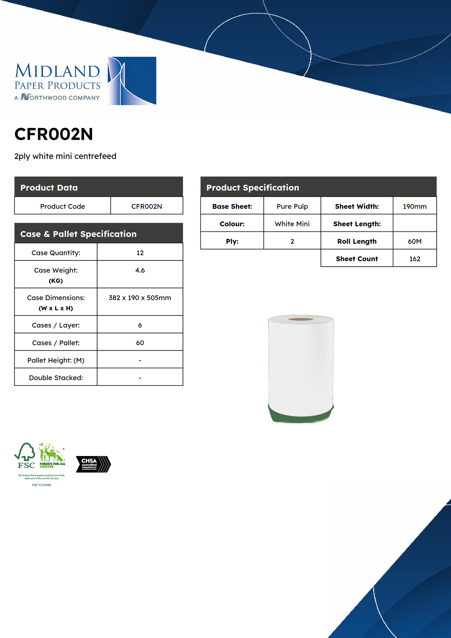 Centrefeed Rolls Mini White 2 ply 60 Meter x 12 Rolls
