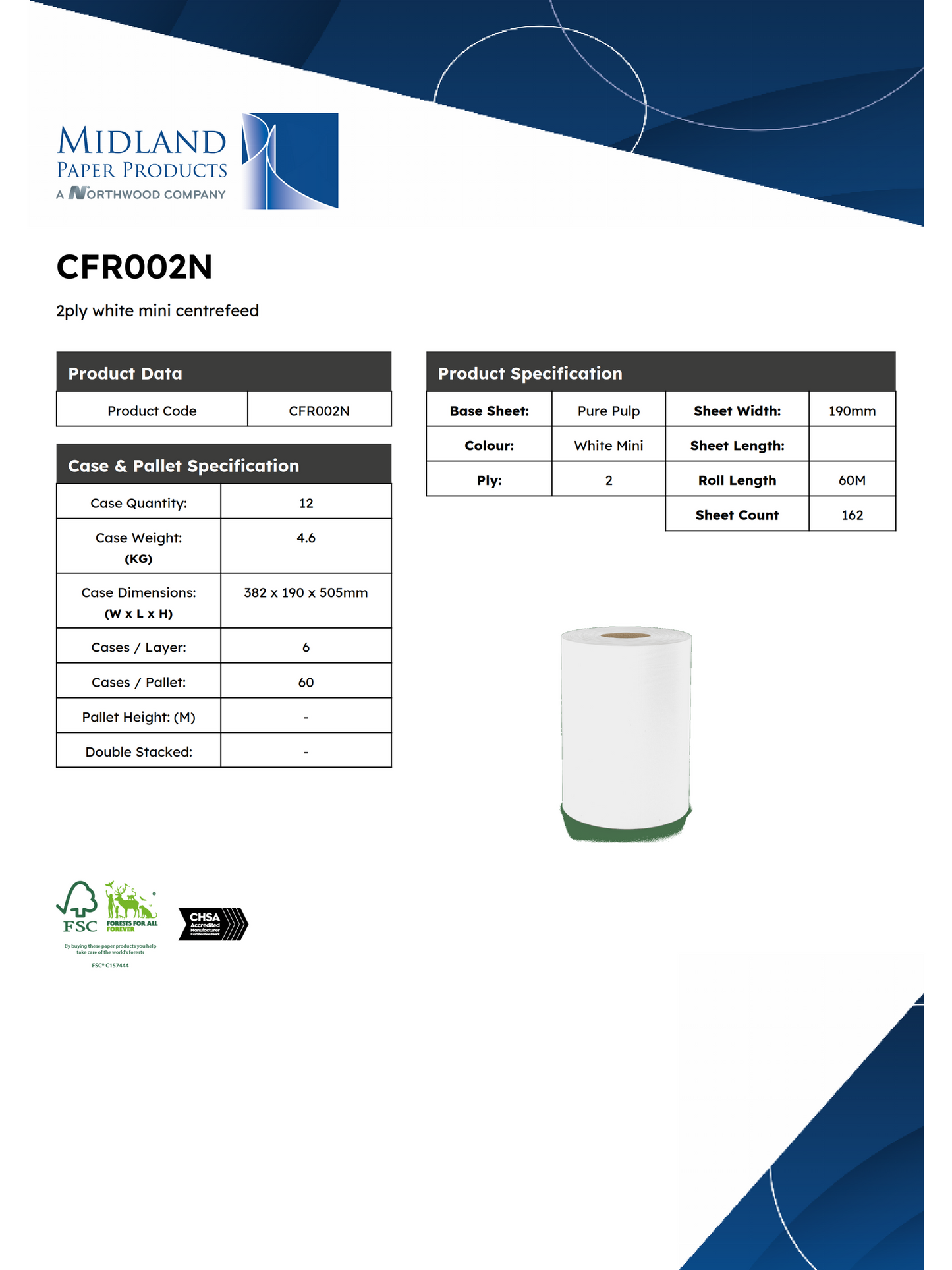 Centrefeed Rolls Mini White 2 ply 60 Meter x 12 Rolls
