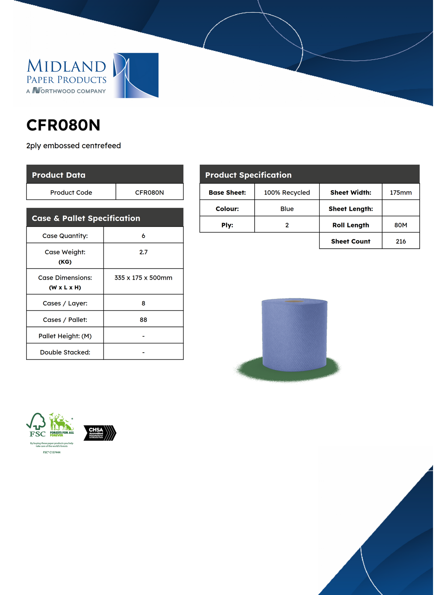 Centrefeed Rolls Blue 2 Ply 80m Embossed x 6 Rolls