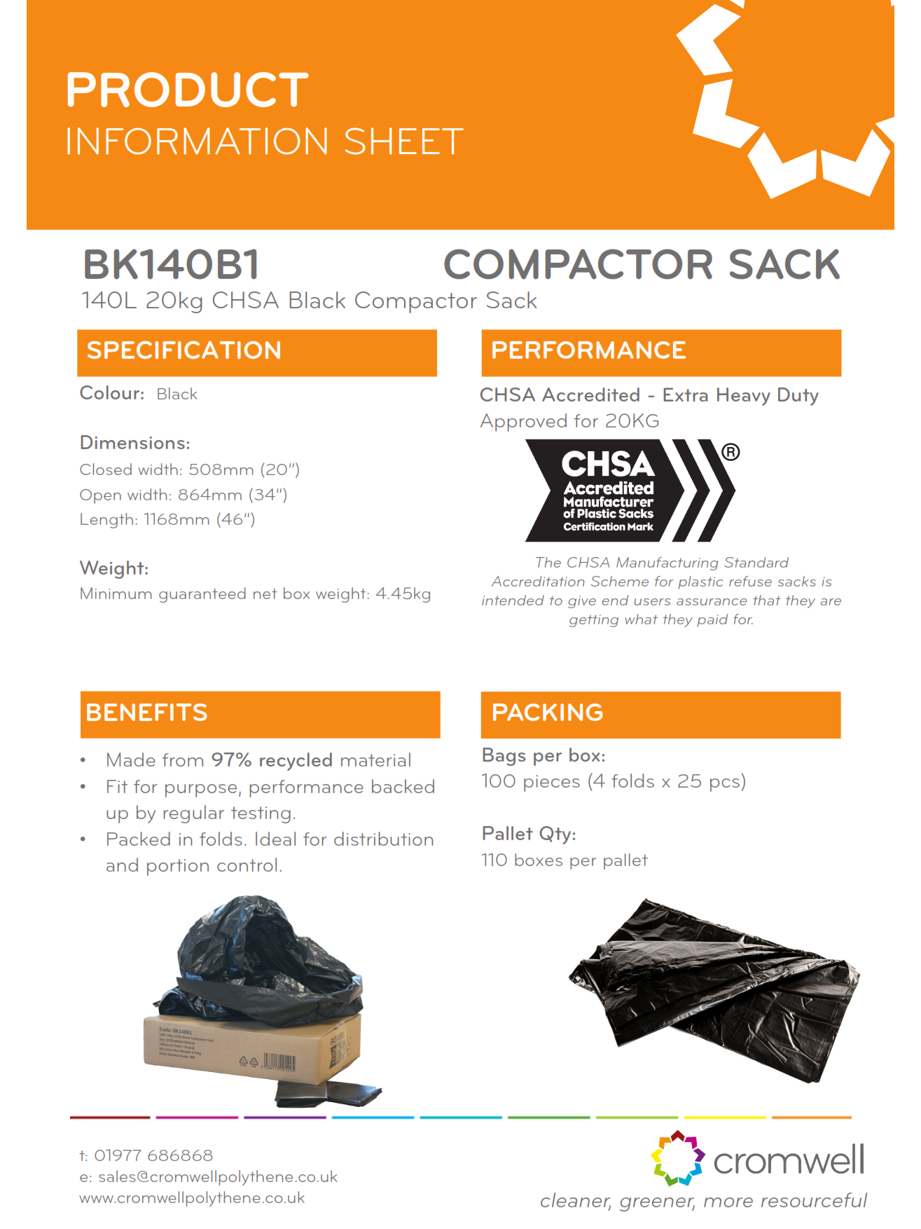 140L 18kg CHSA Black Compactor Sack