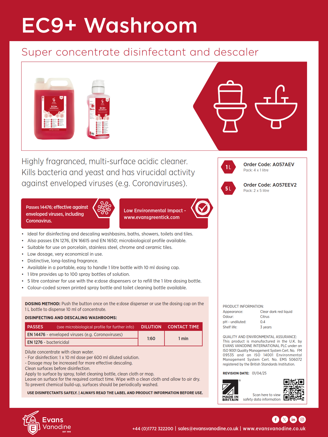 EC9+ Bactericidal Cleaner and Descaler 4 x 1 ltr