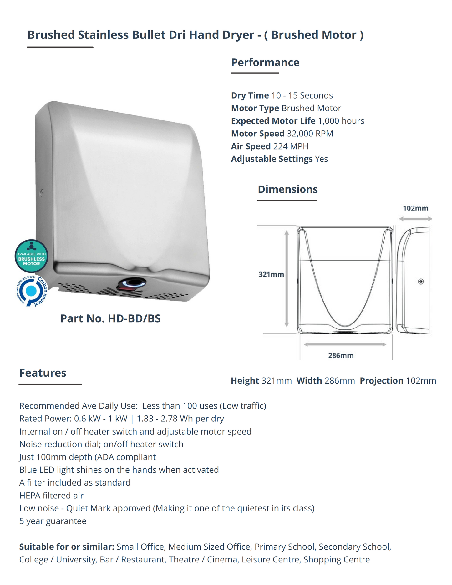 Brushed Stainless Bullet Dri Hand Dryer