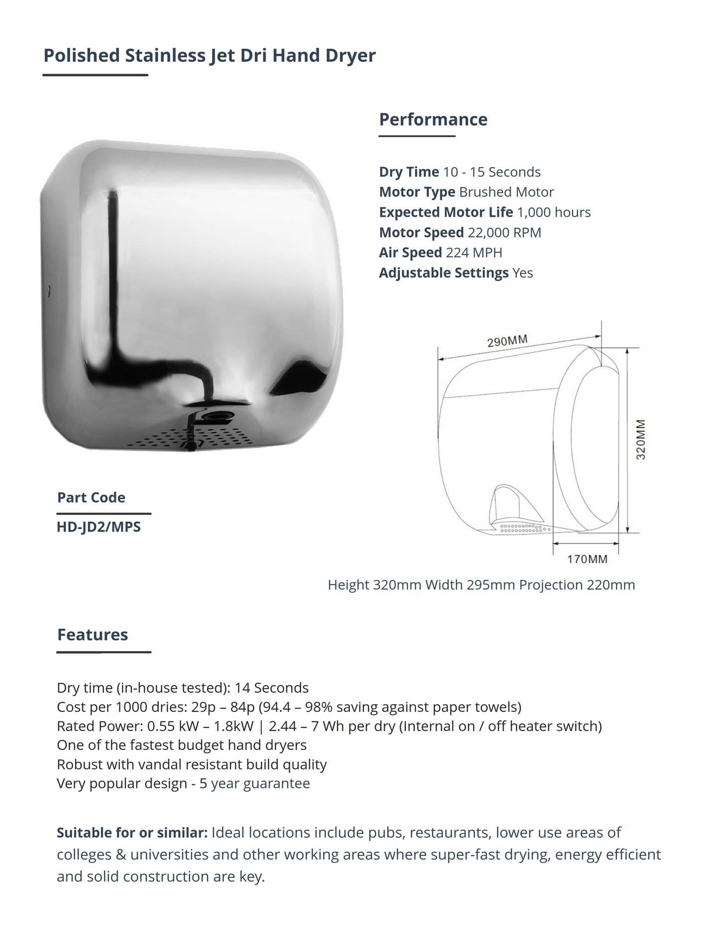 Polished Stainless Jet Dri Hand Dryer