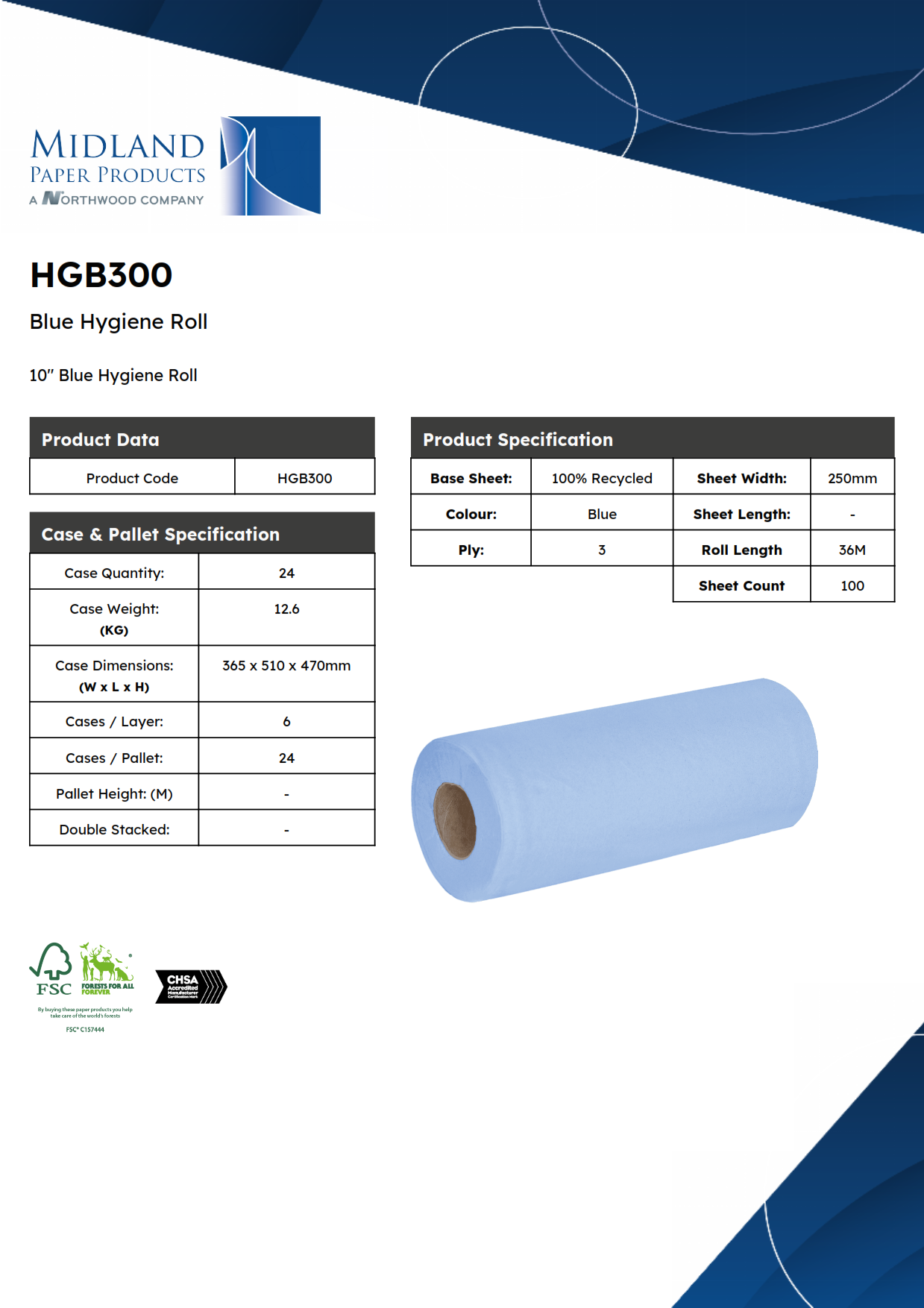 HGB300 – 10" Blue Hygiene Roll