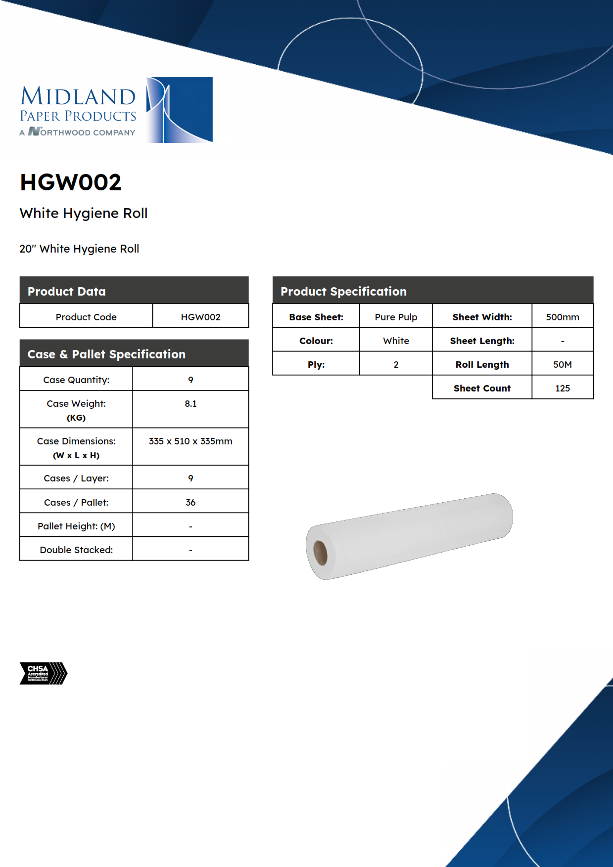 HGW002 – 20" White Hygiene Roll