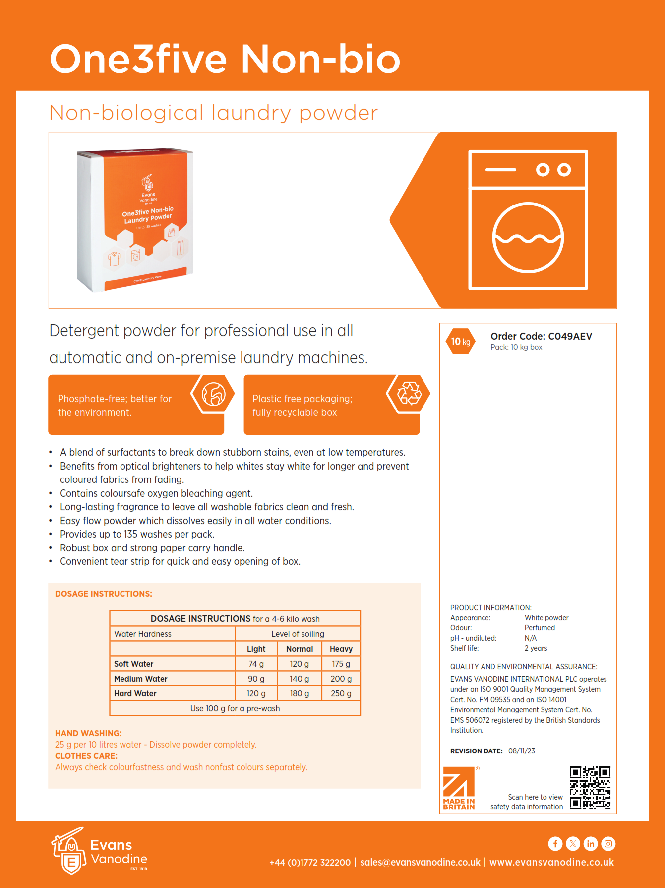 One 3 Five Non-Bio Laundry Powder- 10 kg
