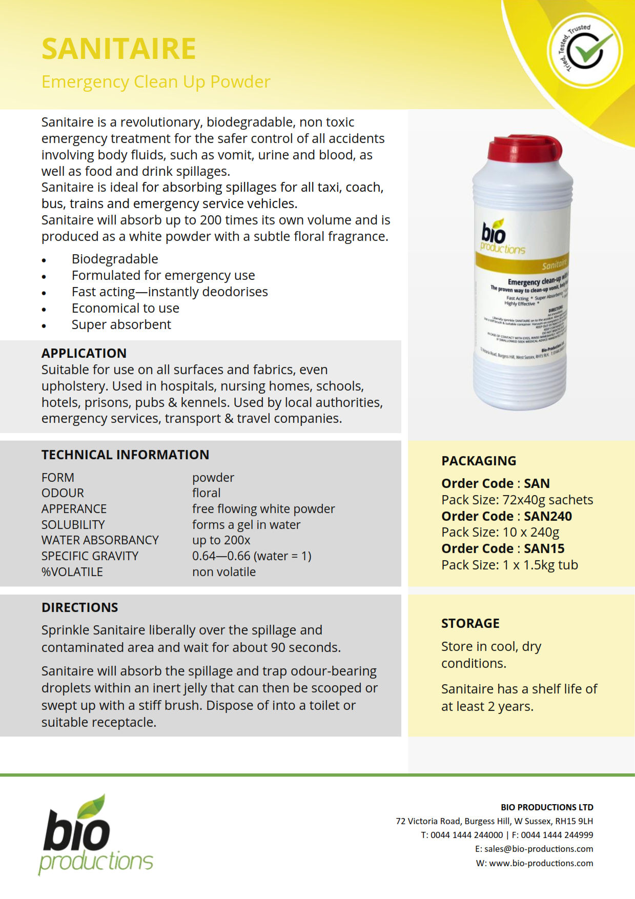 Sanitaire Clean-Up Powder with Deodorise - 240 Gram Shaker