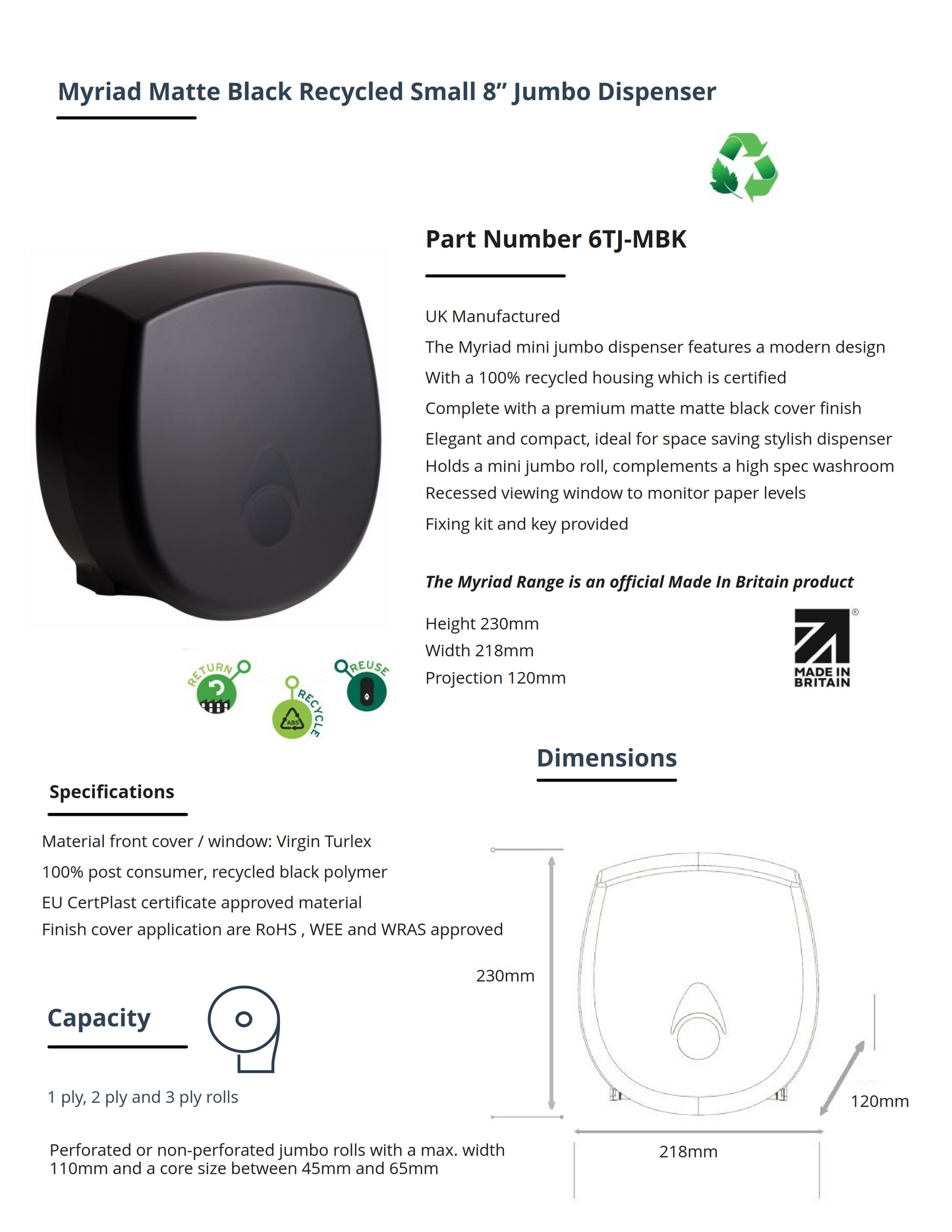 Myriad Matte Black Recycled Small 8” Jumbo Dispenser