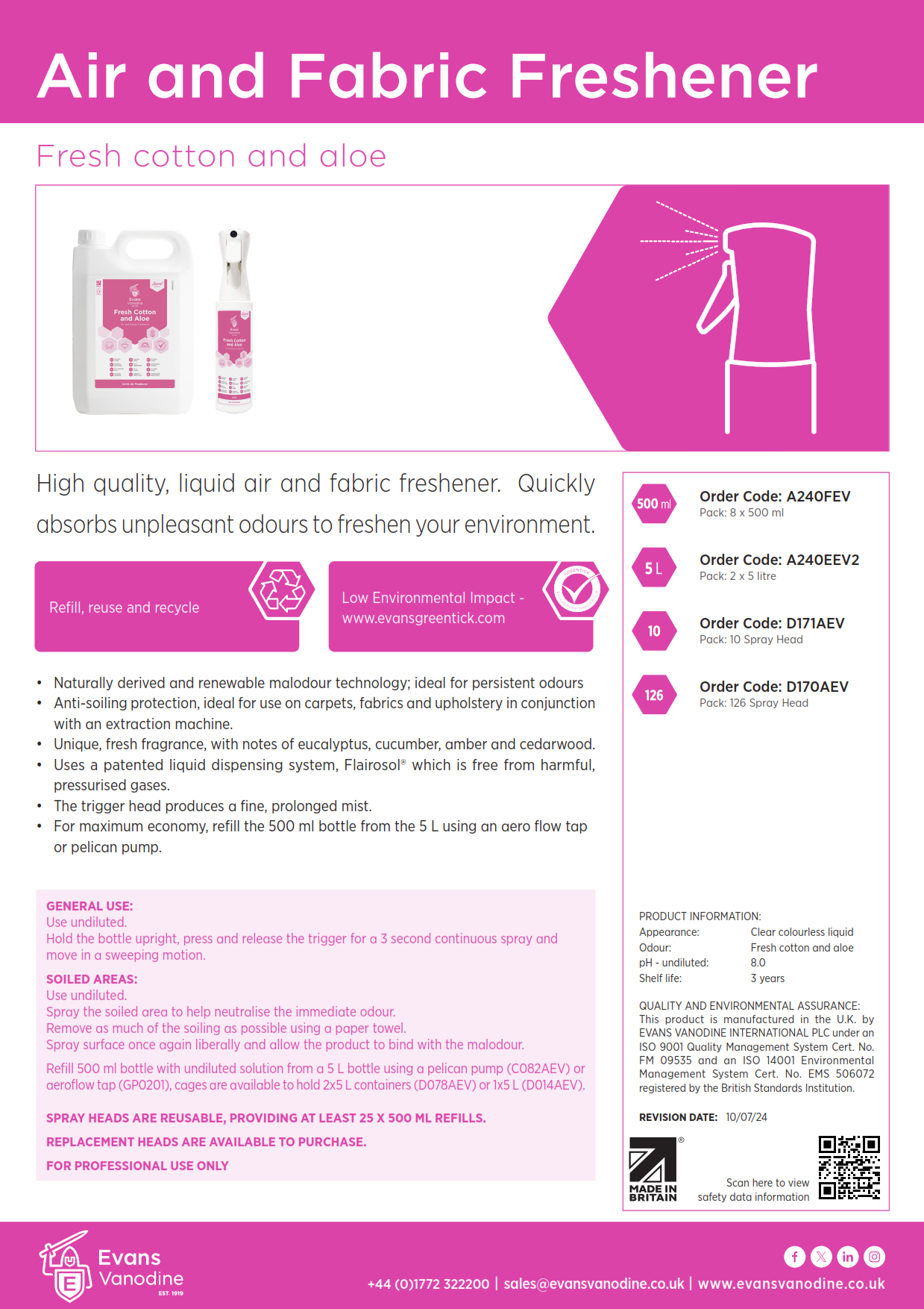 Air and Fabric Freshener - Fresh Cotton and Aloe - 5 ltr