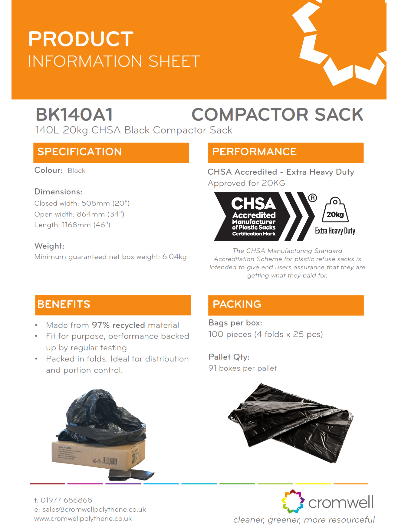 140L 20kg CHSA Black Compactor Sack