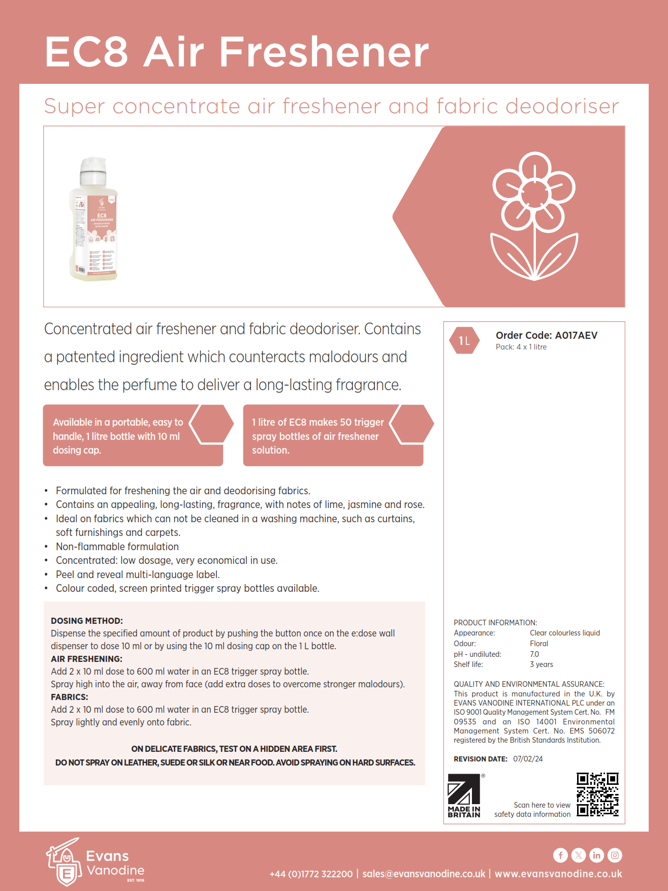 EC8 Air Freshener and Fabric Deodoriser 4 x 1 ltr
