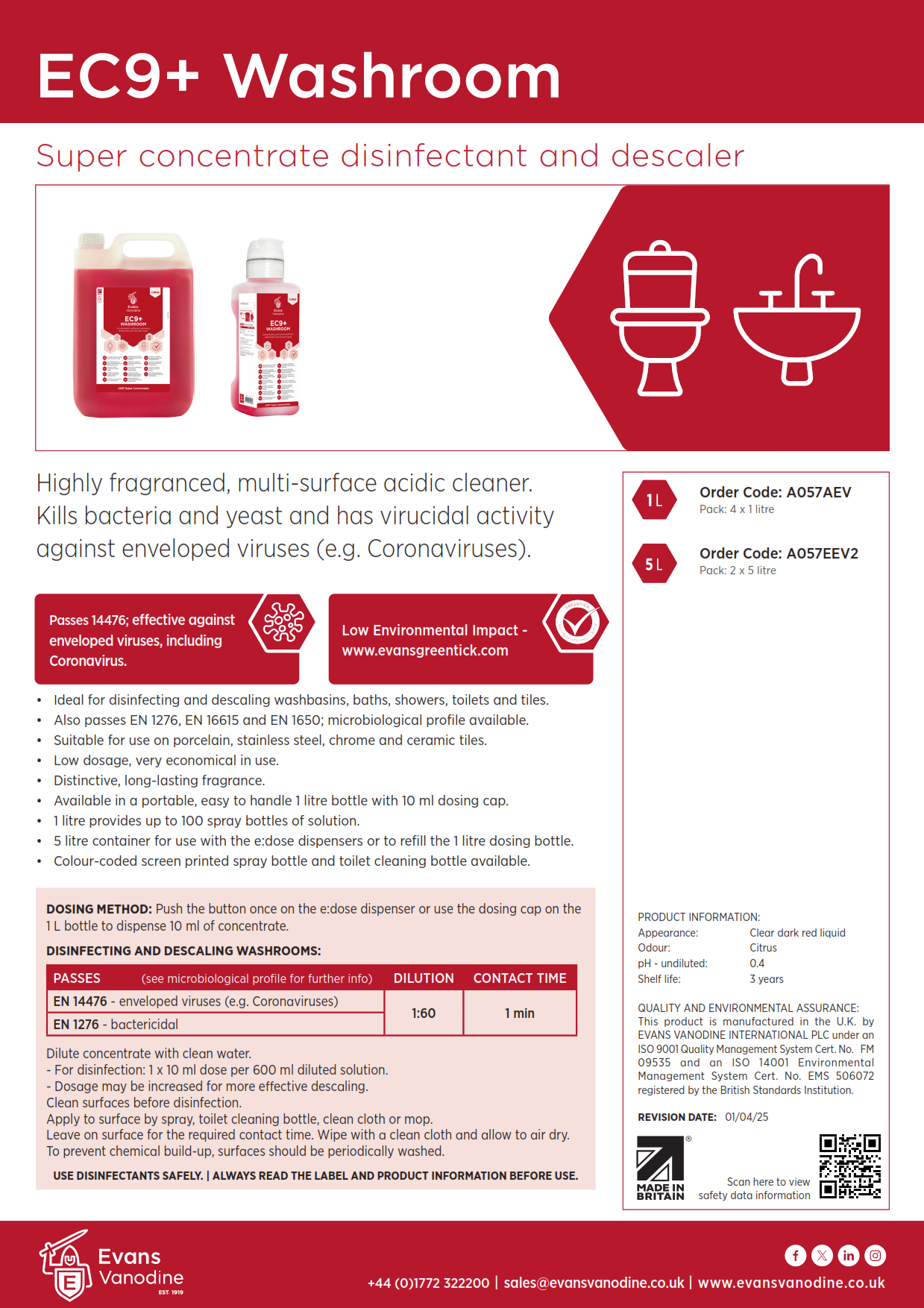 EC9+ Bactericidal Cleaner and Descaler 4 x 1 ltr