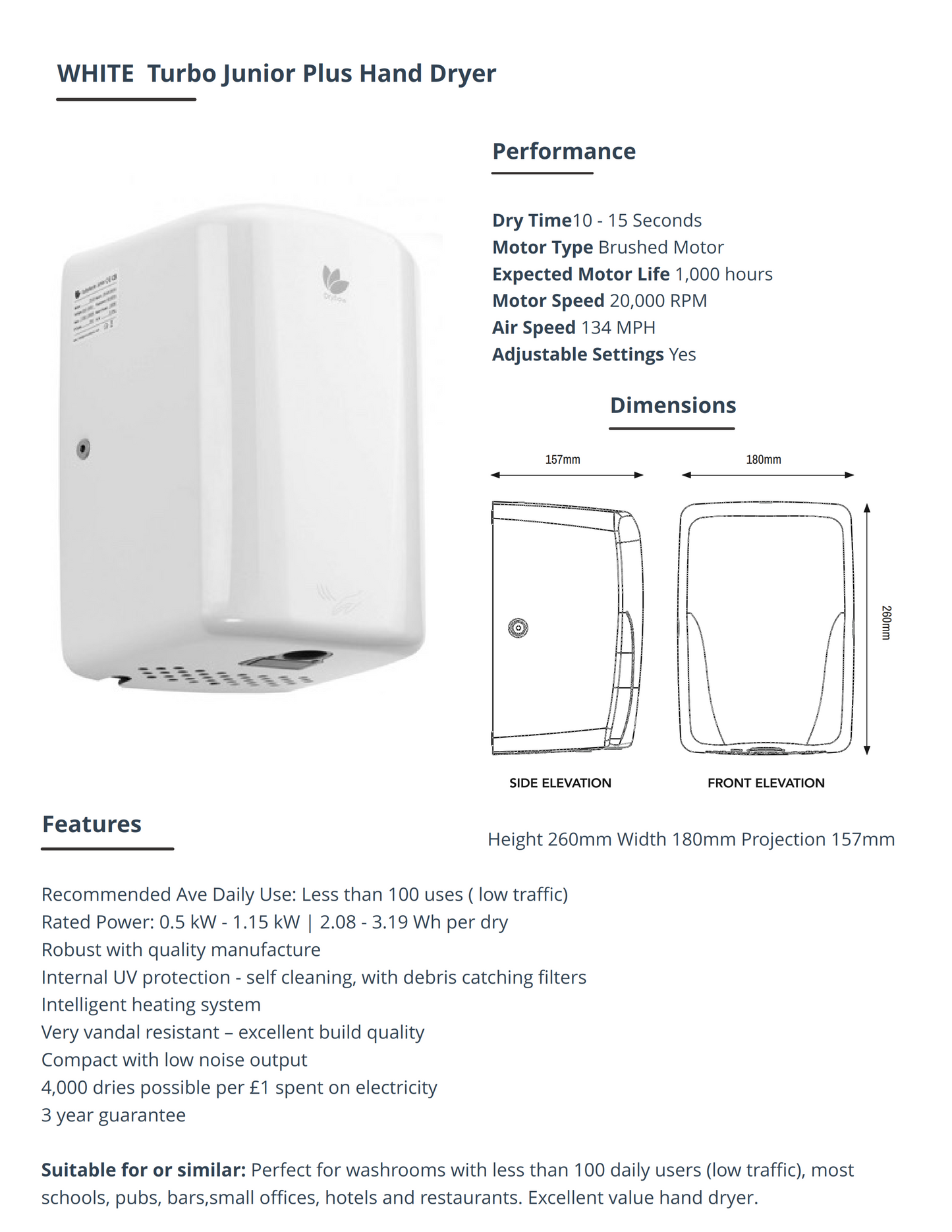 White Turbo Junior Plus Hand Dryer